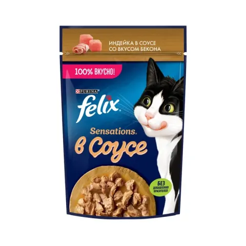 Felix для взрослых кошек с индейкой в соусе со вкусом бекона