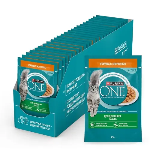 Purina One кусочки с курицей и морковью для домашних кошек
